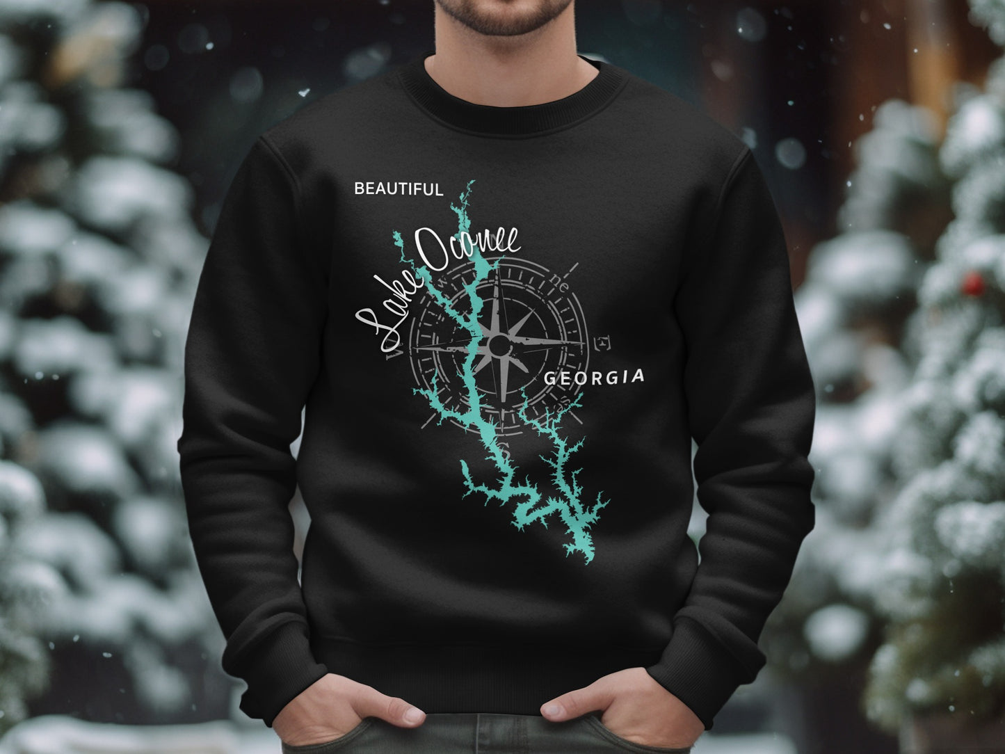 Black sweatshirt with "Lake Oconee Georgia" and compass design.