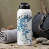 White water bottle with "Huge Lake" text, blue lake map, and compass rose graphic.