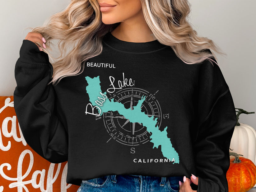 Black sweatshirt with teal map of Bass Lake, California and compass rose.