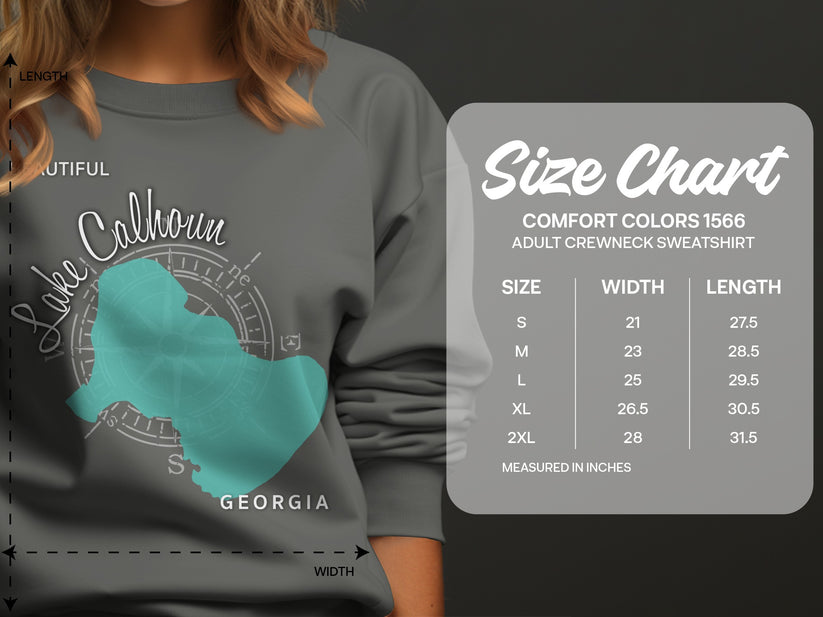 Crewneck sweatshirt size chart with Lake Calhoun Georgia graphic.