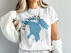 White t-shirt with blue Lake Huron outline and text.