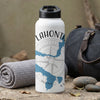 White water bottle with "Lahonta" text and map graphic, next to a rolled towel and duffel bag.