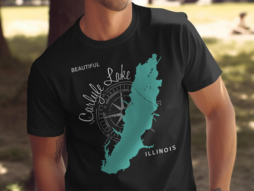 Black t-shirt with teal Carlyle Lake outline and compass rose graphic.