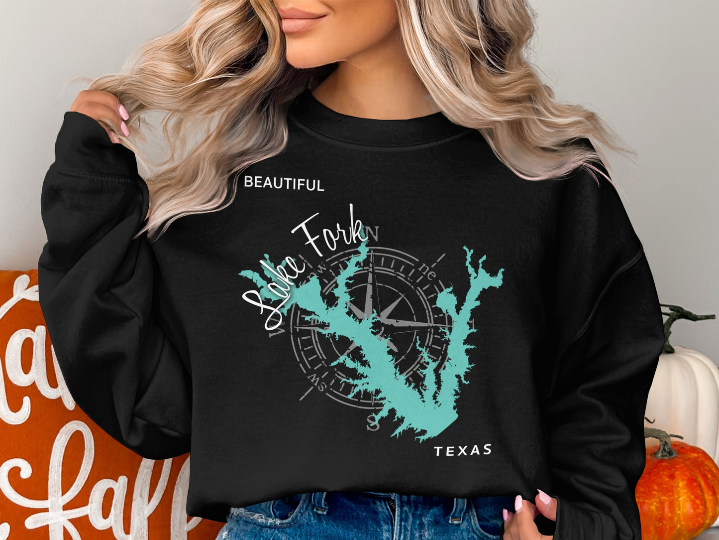 Black sweatshirt with Lake Fork Texas map and compass graphic.