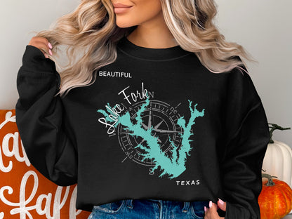 Black sweatshirt with Lake Fork Texas map and compass graphic.