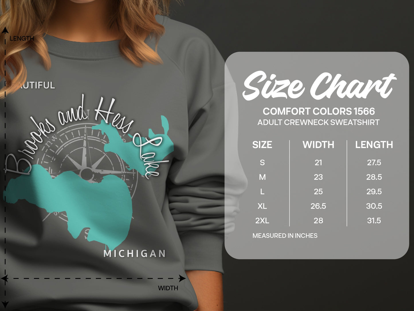 Brooks and Hess Lake Michigan sweatshirt size chart.