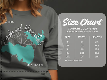 Brooks and Hess Lake Michigan sweatshirt size chart.