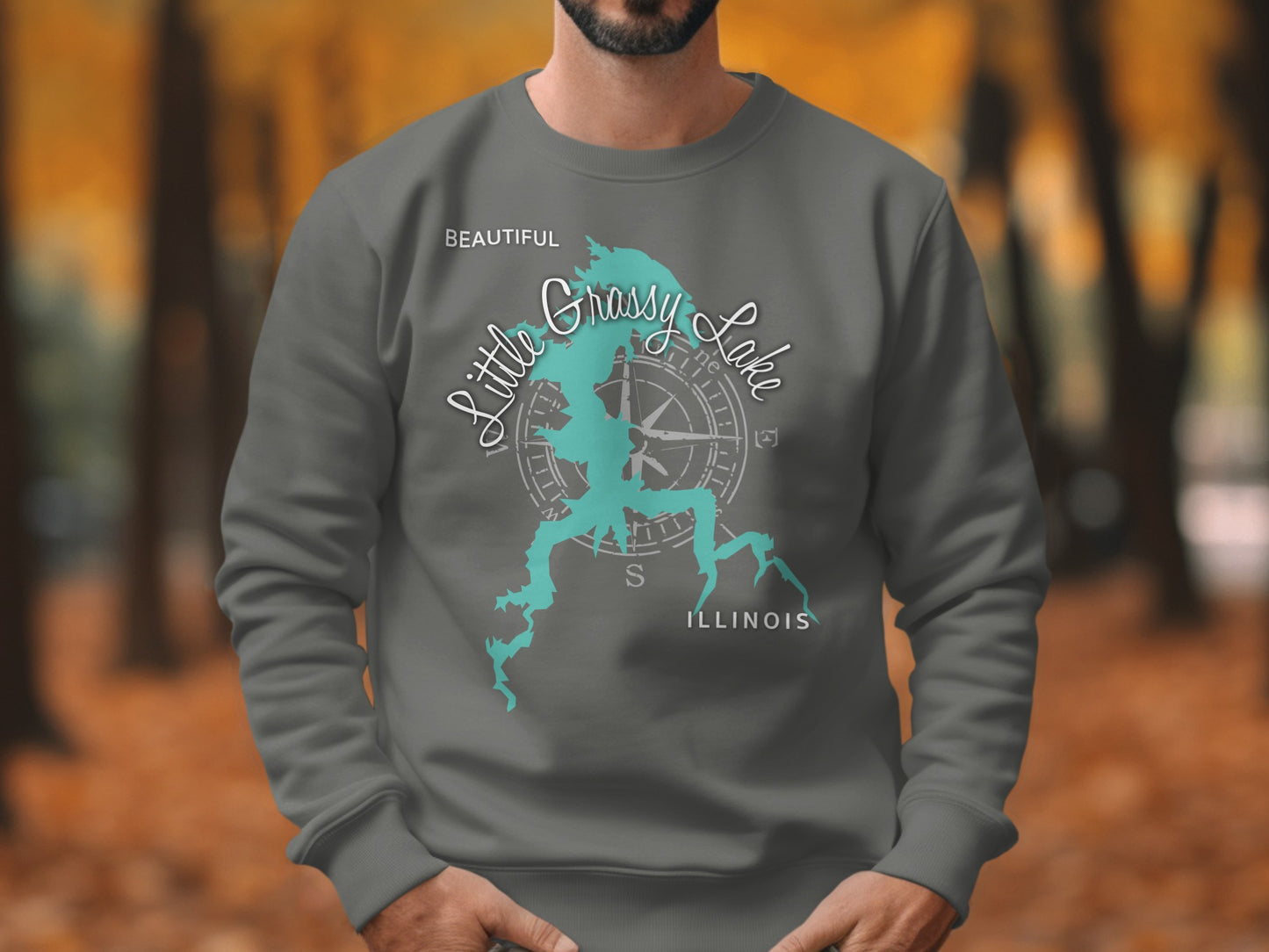 Gray sweatshirt with "Beautiful Little Grassy Lake Illinois" map and compass graphic.