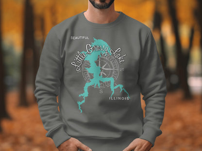 Gray sweatshirt with "Beautiful Little Grassy Lake Illinois" map and compass graphic.