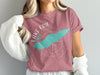 Pink t-shirt with turquoise Lake Erie map and compass design.
