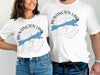 White t-shirts with Huntington Lake, California graphic and compass rose.