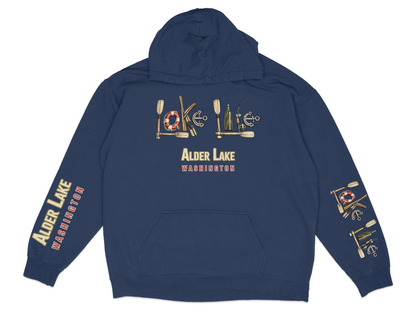 Navy hoodie with "Alder Lake Washington" text and outdoor recreation graphics.