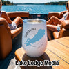 A white insulated wine tumbler featuring a map of Sand Lake, Ontario, resting on a boat table.