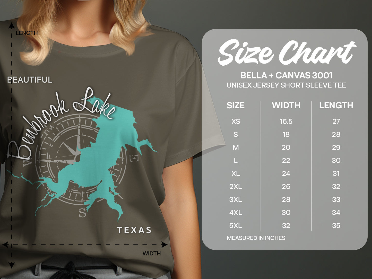 T-shirt with Benbrook Lake map and size chart for Bella + Canvas 3001 tee.