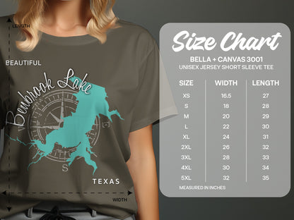 T-shirt with Benbrook Lake map and size chart for Bella + Canvas 3001 tee.
