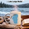 White mug with blue Lake Tahoe outline and "Lake Tahoe California" text.