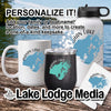 White mug, black tumbler, and white water bottle featuring Indian Lake map design and text.