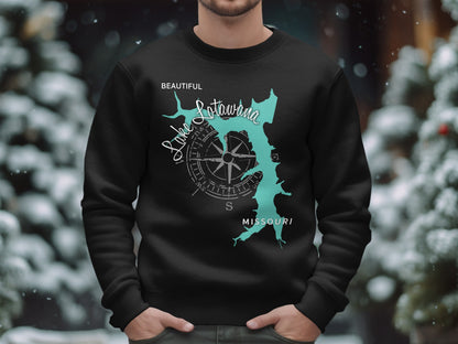 Black sweatshirt with turquoise Lake Lotawana Missouri map and compass graphic.