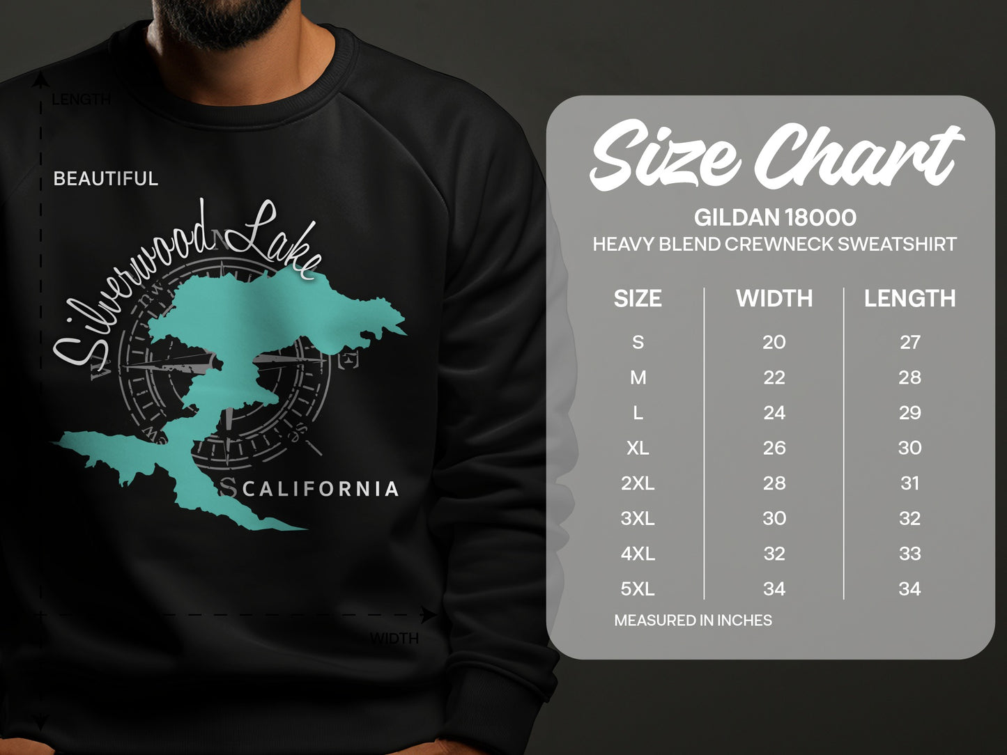 Sweatshirt size chart for Gildan 18000 crewneck with Silverwood Lake graphic.