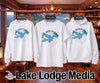 White long sleeve, short sleeve shirt, and hoodie with Lake Arrowhead California map graphic.