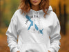 White hoodie with blue Lake Darling shape and compass design.