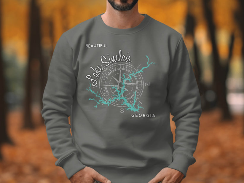 Gray sweatshirt with Lake Sinclair map and compass design.