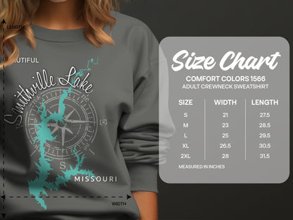 Smithville Lake sweatshirt size chart with chest and body length measurements.