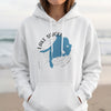White hoodie with blue map of Lake Simcoe and compass design onchest.