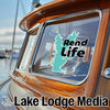 Sticker on a boat window shows a teal map outline with "Rend Life" text.