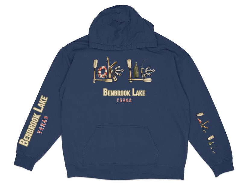 Navy hoodie with "BENBROOK LAKE TEXAS" text and lake-themed graphics.