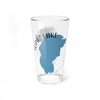 Clear glass pint glass with blue Topaz Lake map design and California text.