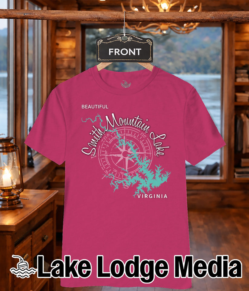 Pink t-shirt with "Smith Mountain Lake" text and compass design.