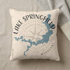 Cream pillow with blue Lake Springfield Missouri map and compass rose graphic.