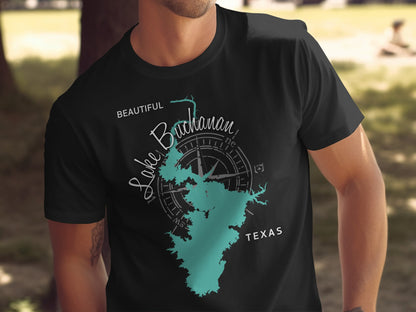Black t-shirt with turquoise Lake Buchanan map and compass, Texas.