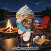 Glass with whipped cream and coffee, s'mores ingredients, campfire, and lake scene.