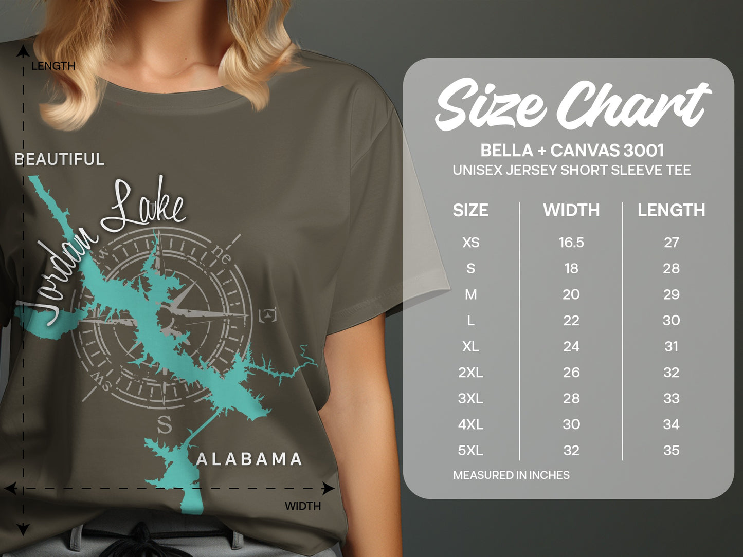 T-shirt with Jordan Lake map graphic and size chart.