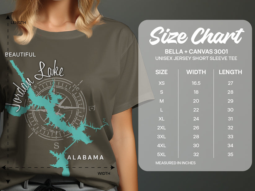 T-shirt with Jordan Lake map graphic and size chart.