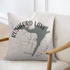 Rushford Lake New York map with compass and text on light-colored throw pillow.