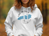 White hoodie with "Lake America" and a compass design featuring the United States map.