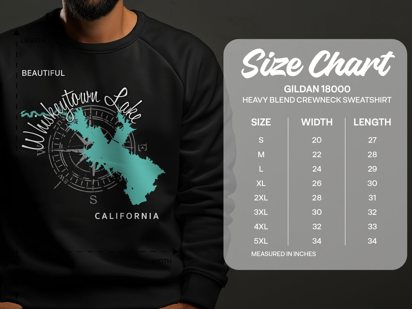 Sweatshirt size chart for Gildan 18000 with dimensions in inches.