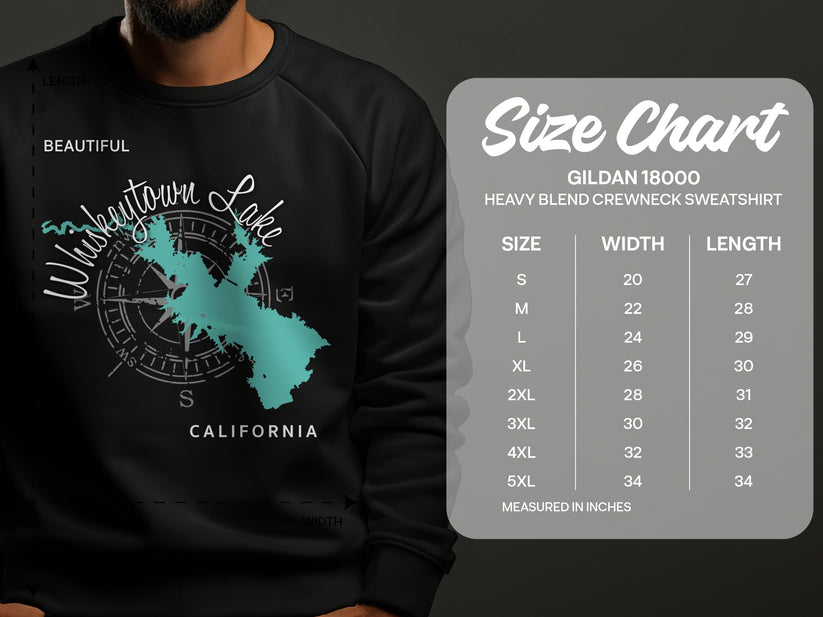 Sweatshirt size chart for Gildan 18000 with dimensions in inches.