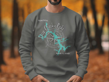 Gray sweatshirt with "Deep Creek Lake, Maryland" and compass rose graphic.