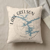 Decorative pillow with Lake Greeson Arkansas map design and compass rose graphic.