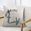 Pillow with Medina Lake Texas map graphic and compass rose design.