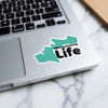 Teal shape sticker with "Merrymeeting Life" and "Lake Lodge Media LLC" text.