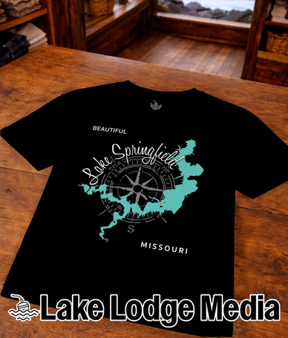 Black t-shirt with a teal map of Springfield, Missouri and compass.