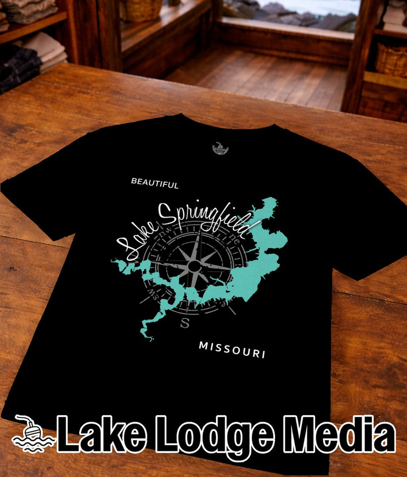 Black t-shirt with a teal map of Springfield, Missouri and compass.