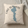 Cream pillow with blue Lake Dunmore map and compass, "Lake Dunmore Vermont" text.