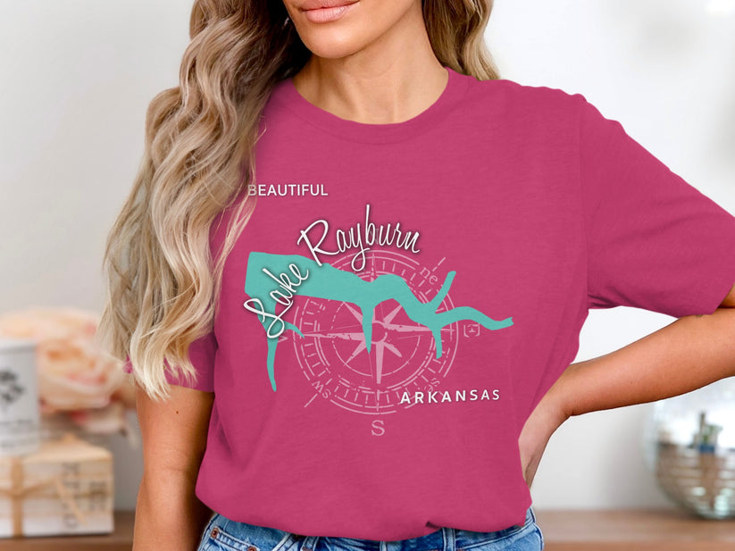 Pink t-shirt featuring a teal silhouette of Lake Rayburn, Arkansas.