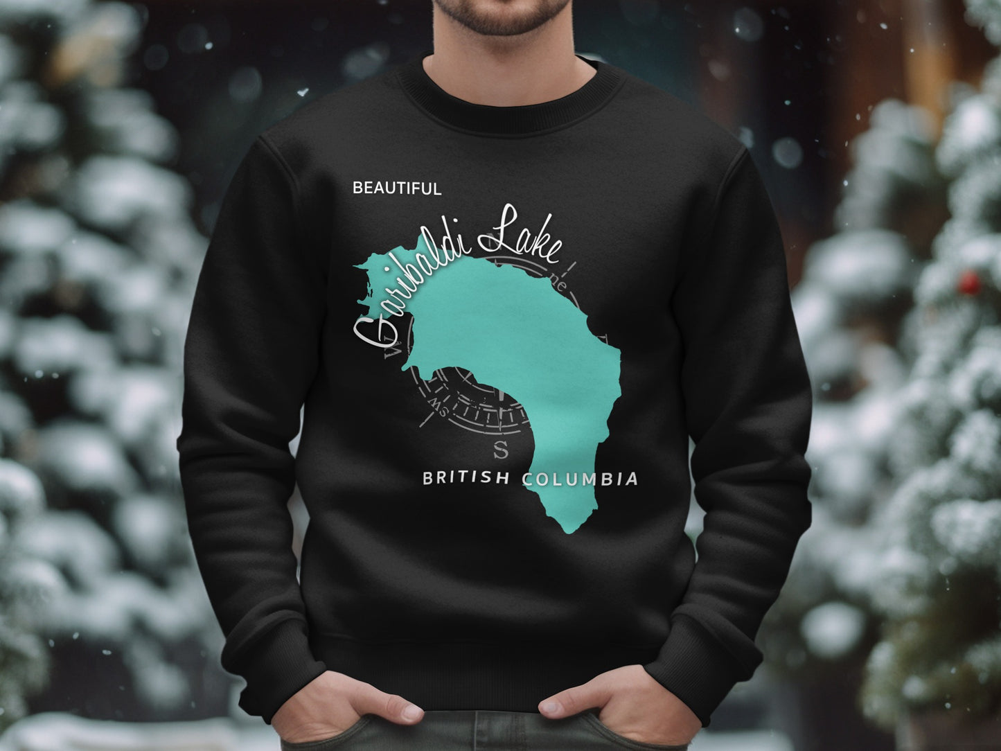 Black sweatshirt with turquoise outline of Garibaldi Lake, British Columbia.